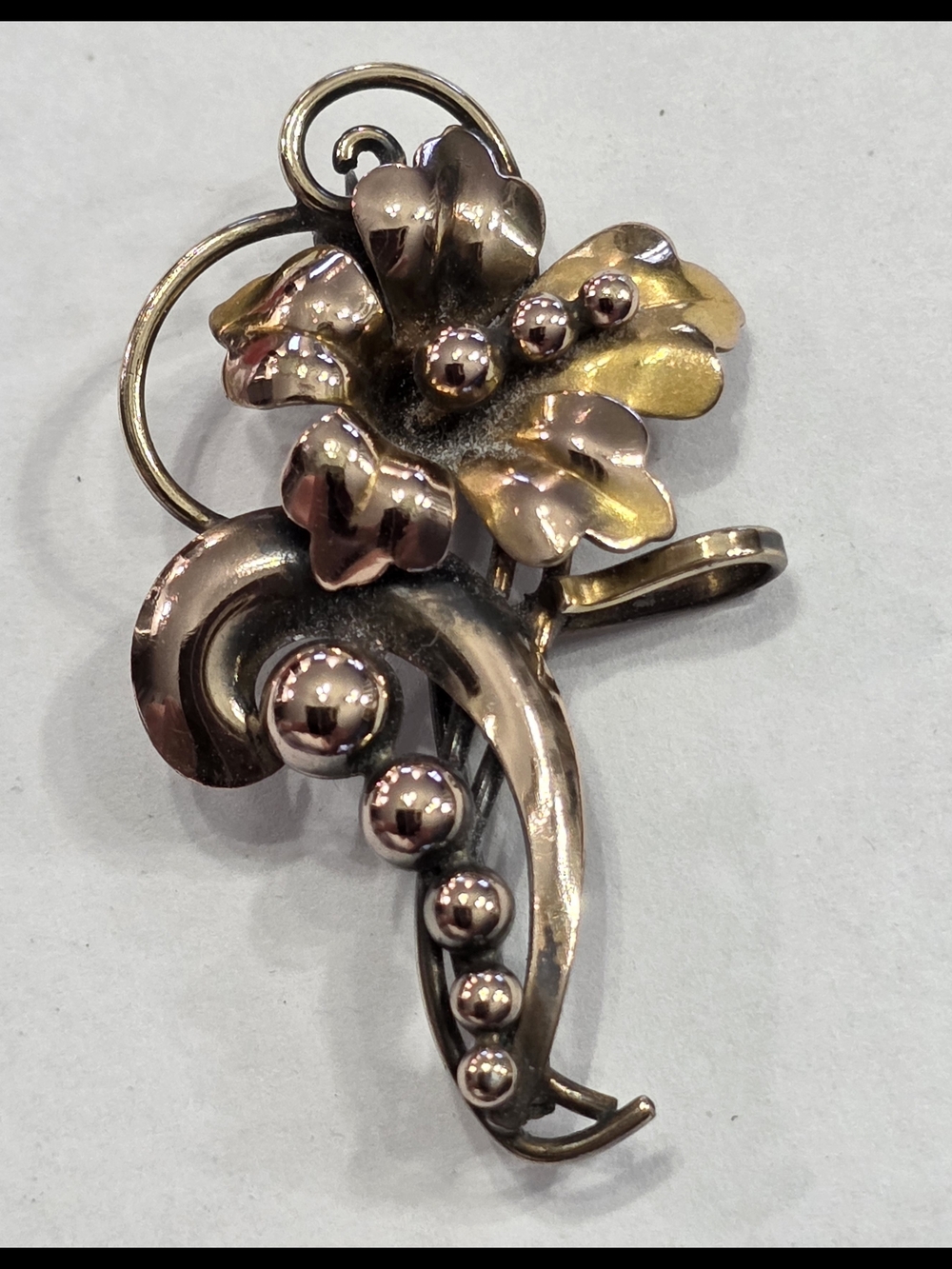 Carl- Art Gold Filled On Silver Floral Swirl Brooch with Bead Accents